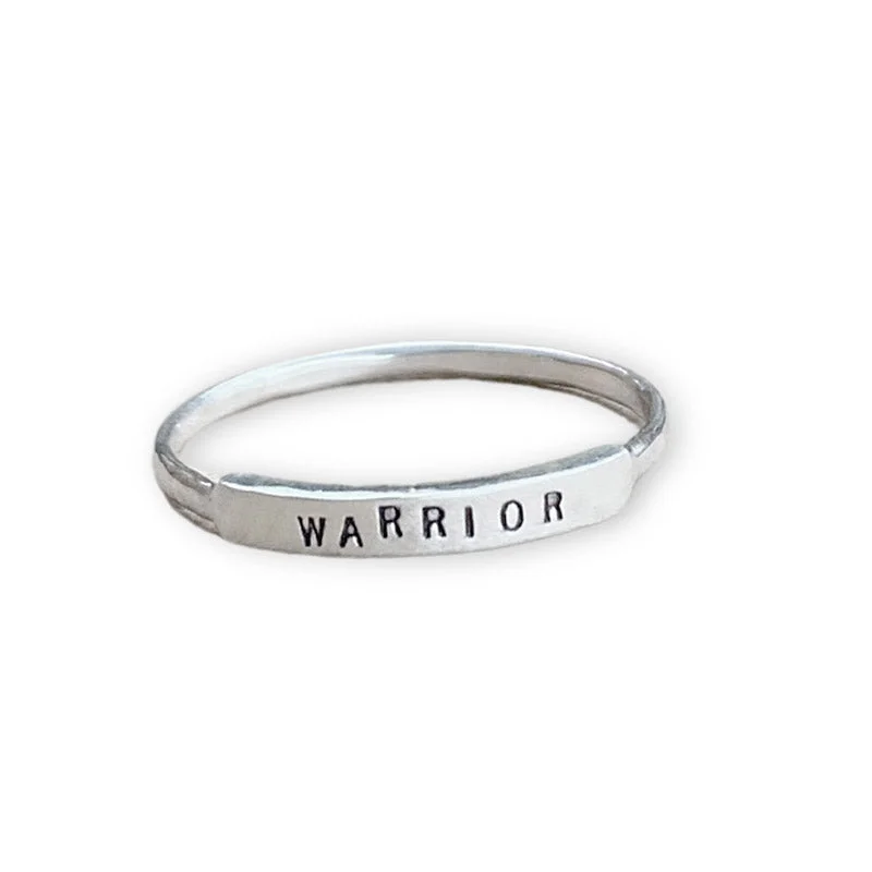 women’s silver rings-Warrior: Hand Stamped Message Stacking Ring