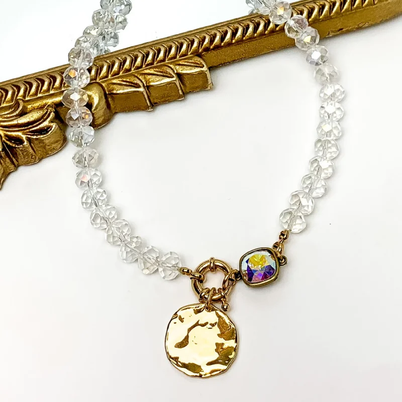 women’s layered bracelets-Pink Panache | Clear Ab Crystal Beaded Necklace with Gold Tone Coin Charm and AB Cushion Cut Crystal