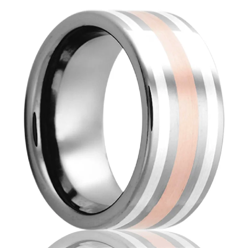 women’s ring sets with engagement rings-Tungsten 8mm Pipe Cut Men's Wedding Band with 14K Rose Gold & Argentium Silver Inlays