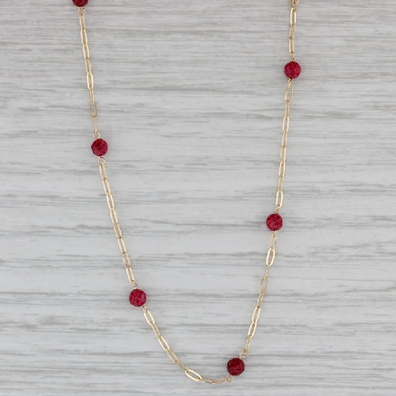 women’s large pendant necklaces-Red Glass Bead Station Necklace 14k Yellow Gold 16" Cable Chain