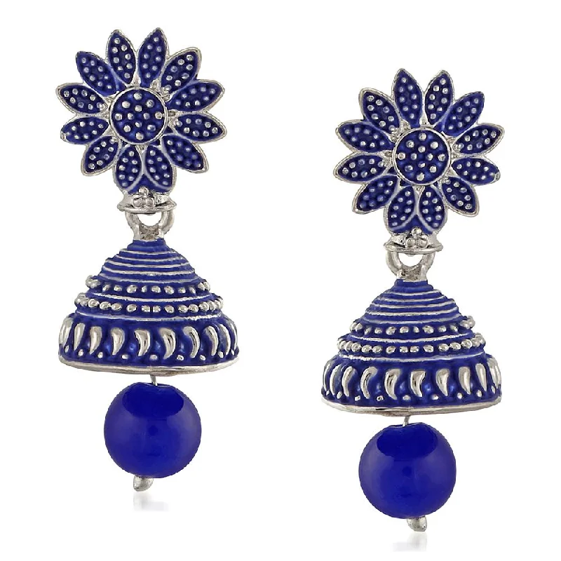 women’s vintage gold earrings-Mahi Meenakari Work Blue Artificial Bead Floral Jhumka Drop Earrings for Women (ER1109684R)