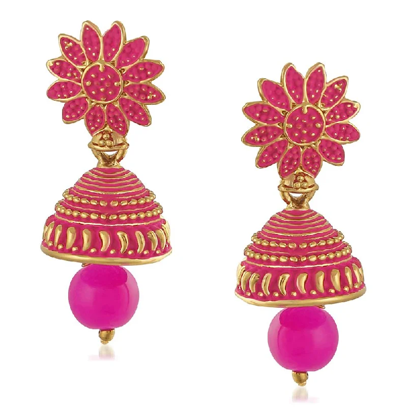 women’s tribal earrings-Mahi Meenakari Work Pink Artificial Bead Floral Jhumka Drop Earrings for Women (ER1109692G)