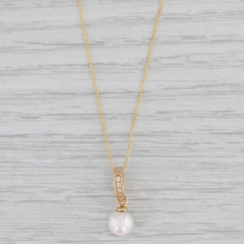 women’s infinity necklaces-New Cultured Pearl Diamond Pendant Necklace 14k Yellow Gold 18" Singapore Chain