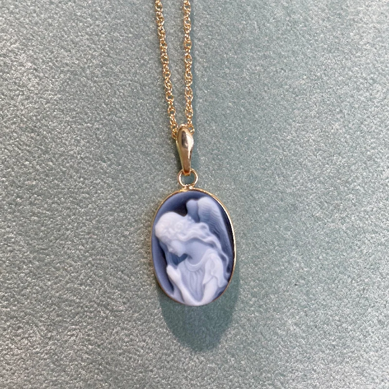 women’s diamond necklaces-ESTATE GUARDIAN ANGEL BLUE AGATE CAMEO NECKLACE