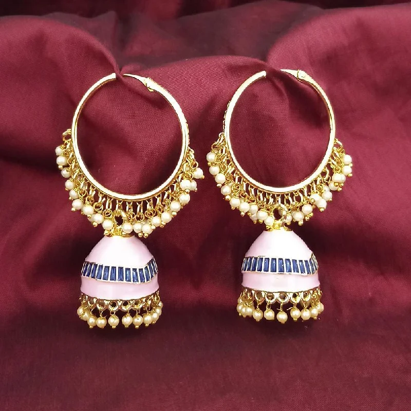 women’s bridal earrings-Kriaa Gold Plated L Pink Meenakari And Pearl Jhumki Earrings - 1316376I