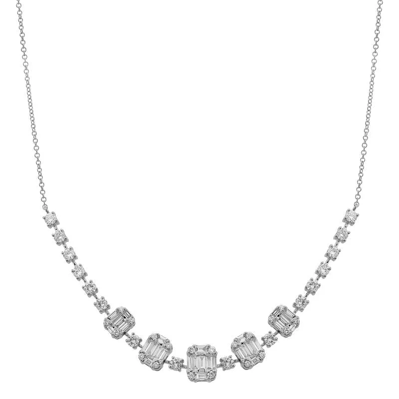 women’s large pendant necklaces-14k White Gold Round Diamond and Baguette Necklace