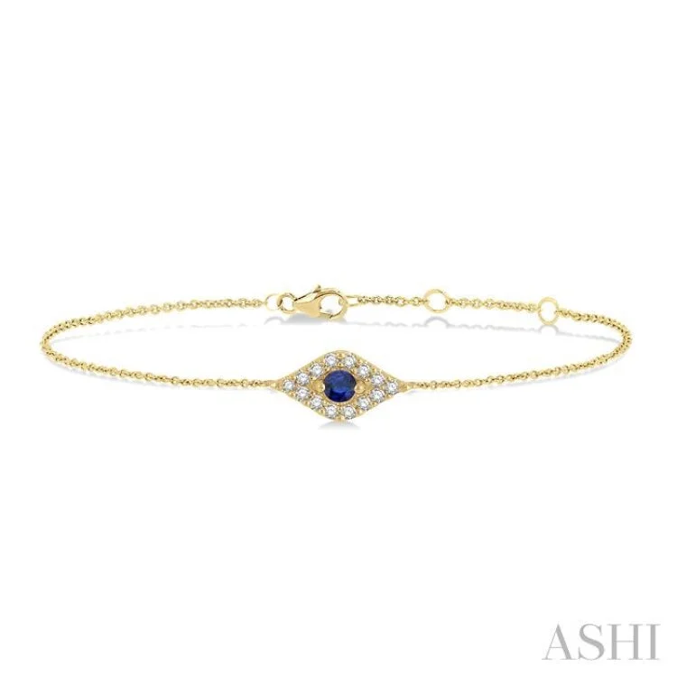 women’s crystal bangles-1/10 Ctw Evil Eye Round Cut Diamond & 2.60MM Round Cut Sapphire  Precious Petite Fashion Bracelet in 10K Yellow Gold