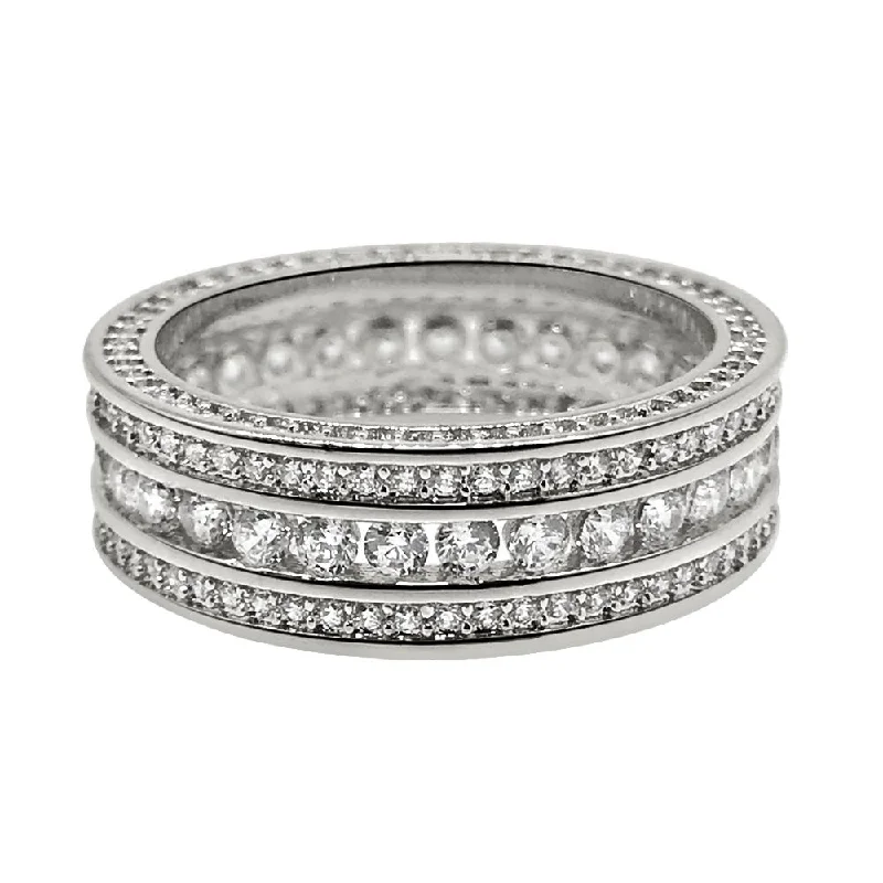 women’s simple silver rings-Channel Set 360 Eternity Band Rhodium CZ Bling Bling Ring