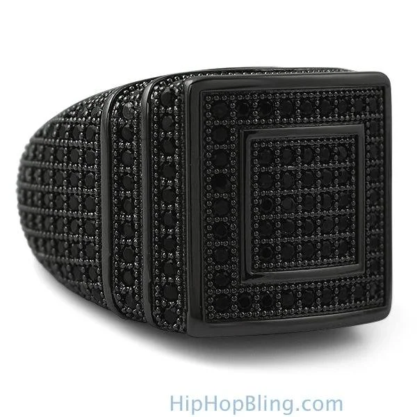 women’s gold rings-Ice Stacked Black CZ Micro Pave Iced Out Ring