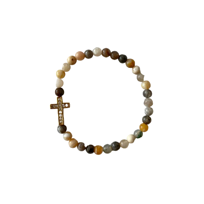 women’s luxury bangles-Small Gold Pave Cross Bamboo Agate 6mm