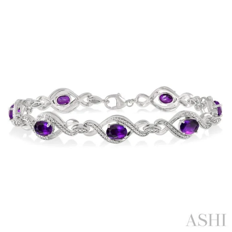 women’s leather bangles-1/10 Ctw Round Cut Diamond & 7x5MM Oval Cut Amethyst Semi Precious Bracelet in Sterling Silver