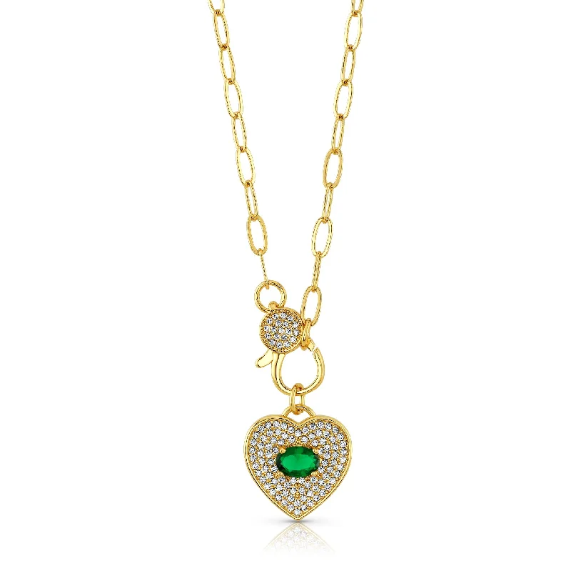 women’s initial pendant necklaces-HEART EMERALD CZ CLASP NECKLACE