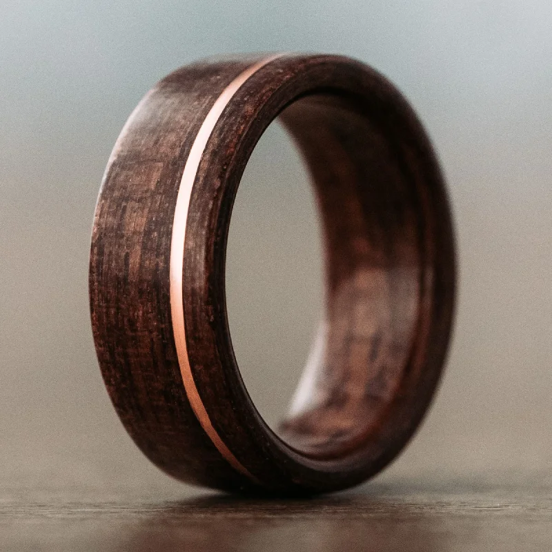 women’s intricate design engagement rings-(In-Stock) Antique Walnut & Offset Copper Wood Wedding Band - Size 7.25 | 8mm Wide