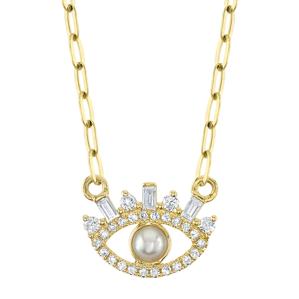 women’s pearl pendant necklaces-14K Yellow Gold Diamond and Pearl Evil Eye Necklace