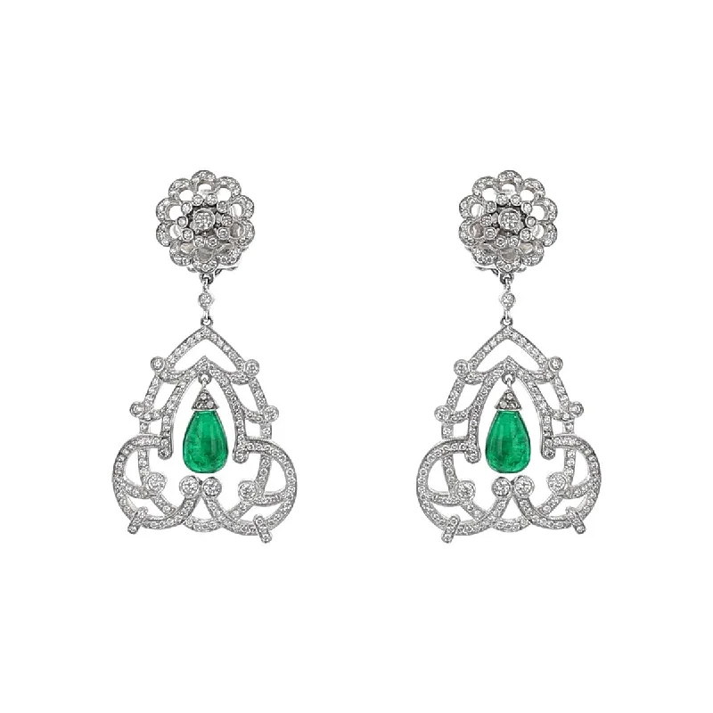 women’s pearl drop earrings-Salavetti Briolette Emerald and Diamond Drop Earrings