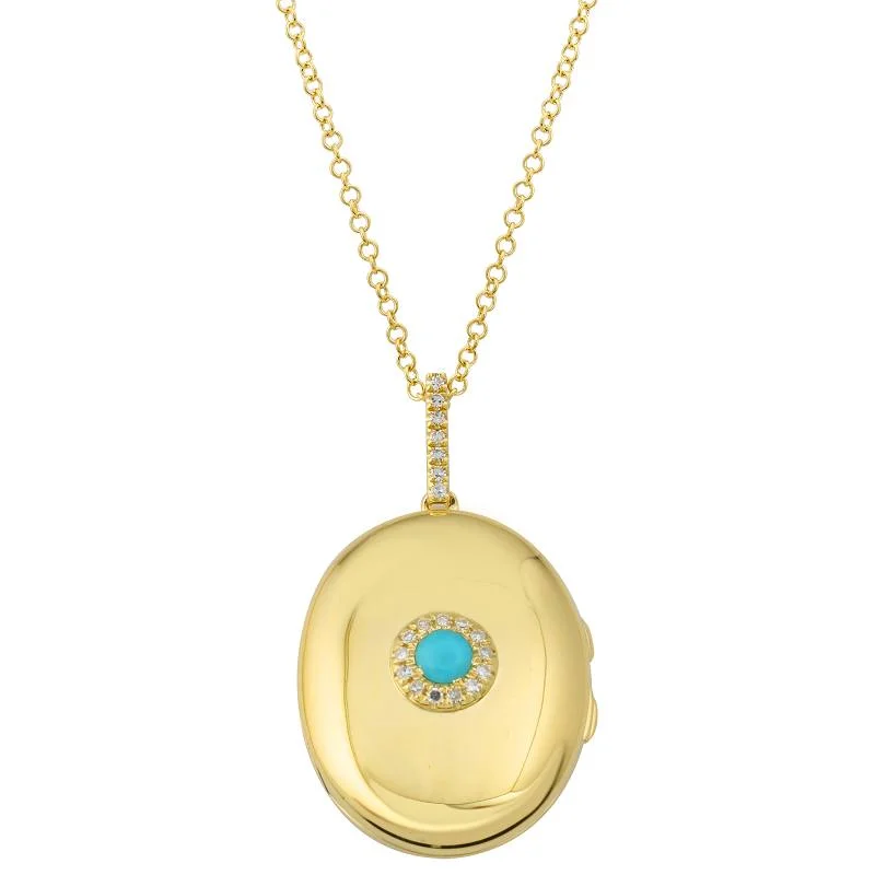 women’s bridal necklaces-14K Yellow Gold Turquoise Diamond Locket Necklace