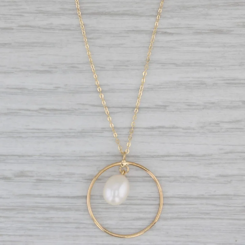 women’s layered necklaces-New Cultured Pearl Circle Pendant Necklace 14k Yellow Gold Cable Chain 18"