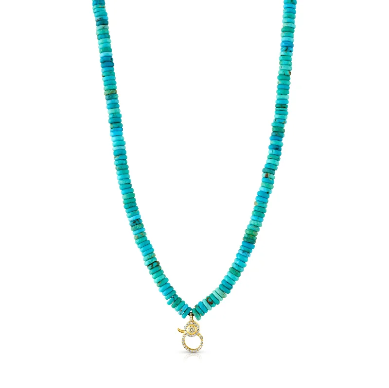 women’s friendship necklaces-TURQUOISE FRONT CLASP BEADED NECKLACE 16", 14KT GOLD