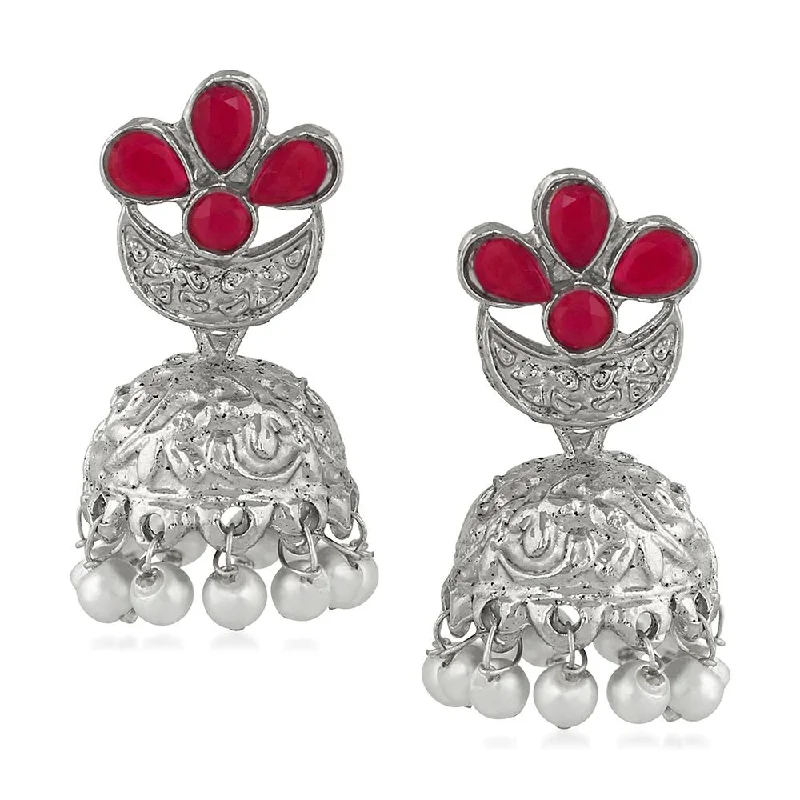 women’s holiday earrings-Mahi Red Kundan Traditional Ethnic Floral Jhumki Earring for Women(VECJ100231)