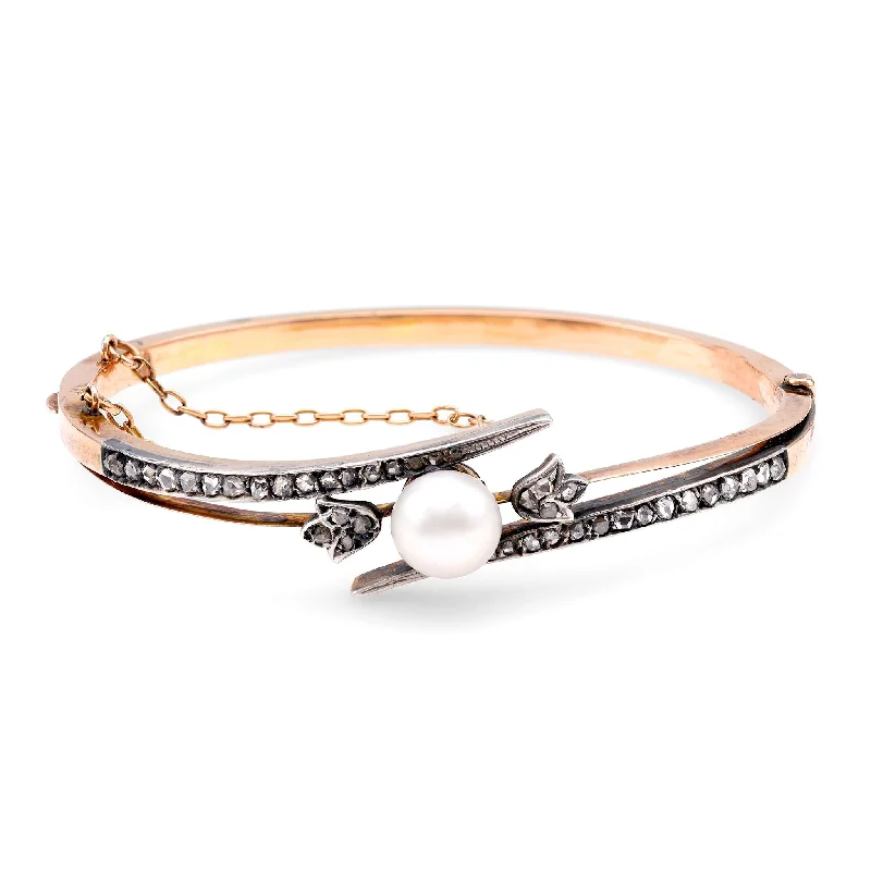 women’s thin bracelets-Antique Pearl Diamond 18K Rose Gold Silver Bangle