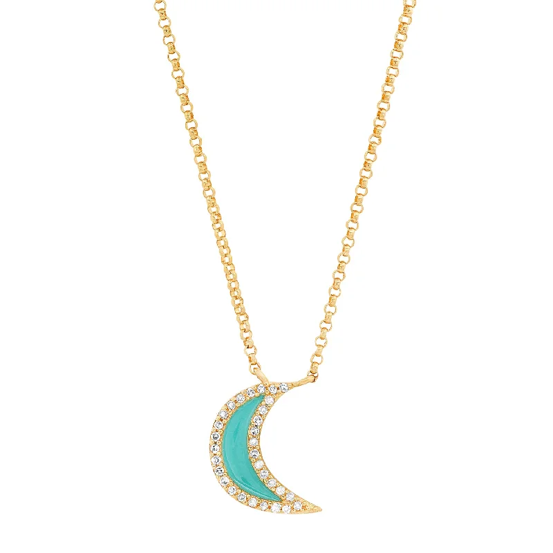 women’s vintage gold necklaces-TURQUOISE ENAMEL CRESCENT MOON NECKLACE, GOLD