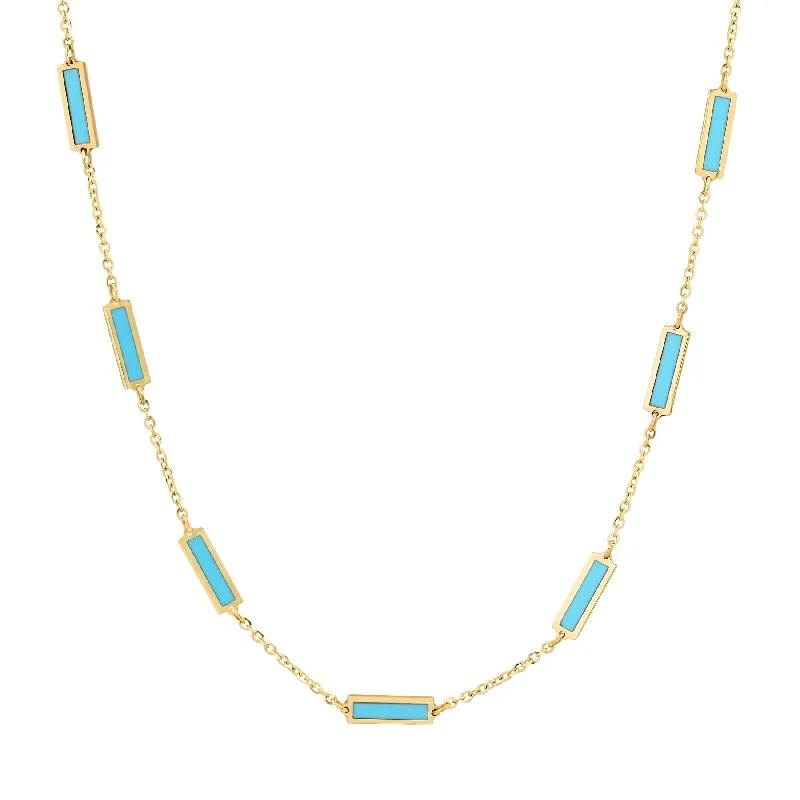 women’s heart-shaped necklaces-9 BAR INLAY DAINTY NECKLACE TURQUOISE, 14kt GOLD