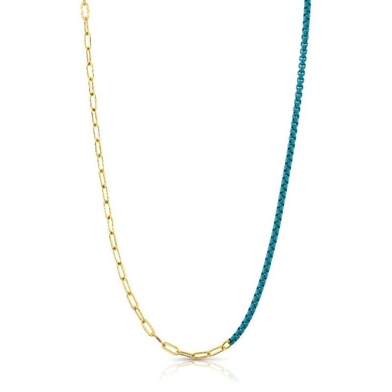 women’s personalized gold necklaces-HALF & HALF ENAMEL PAPERCLIP NECKLACE, TEAL