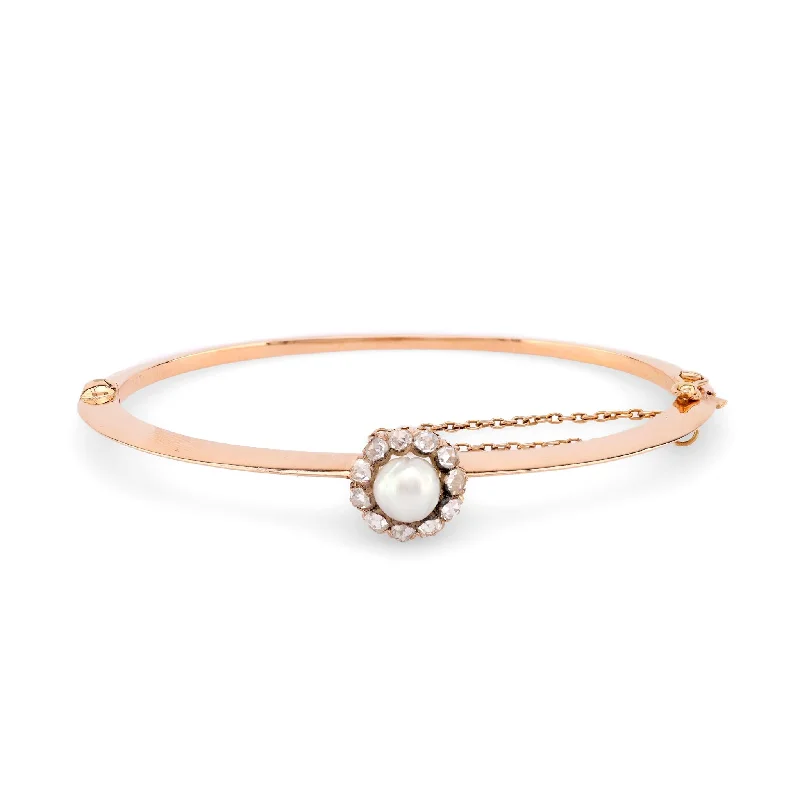 women’s multi-strand bracelets-Victorian Pearl Rose Cut Diamond 18K Rose Gold Bangle