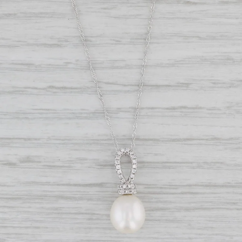 women’s minimalist necklaces-New Cultured Pearl Diamond Pendant Necklace 14k White Gold 18" Singapore Chain