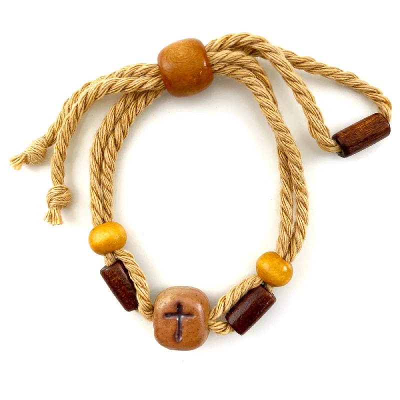 women’s leather wrap bracelets-Adjustable Cross Bead Jute Bracelet