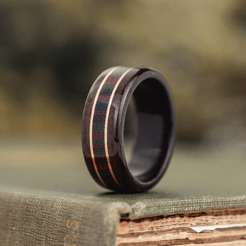 women’s platinum engagement rings-(In-Stock) The MacDonald Tartan | Men's Rosewood Wedding Band with Tartan & Dual 14k Rose Gold Inlays - Size 10.5 | 9mm Wide