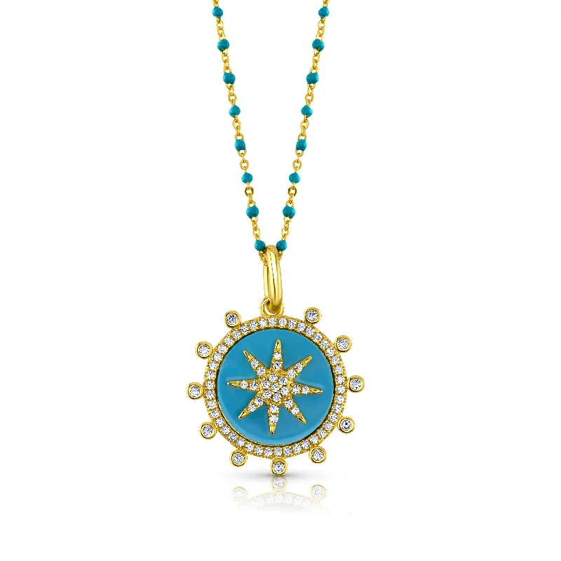 women’s elegant necklaces-SUNBRUST PENDANT AND BEADED CHAIN NECKLACE, GOLD TURQUOISE