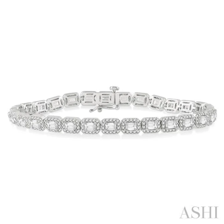 women’s simple bracelets-6 Ctw Emerald & Round Cut Diamond Halo Bracelet in 14K White Gold