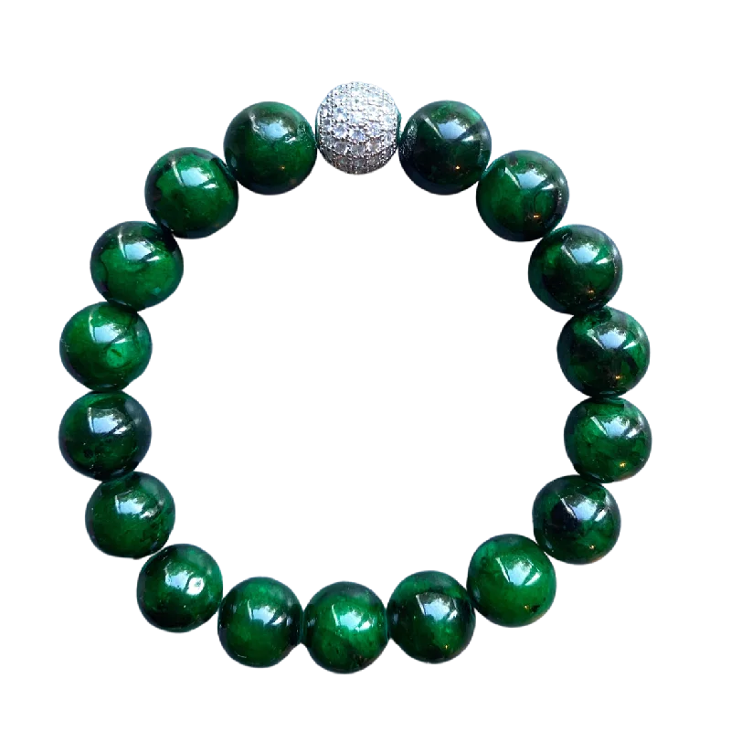 women’s layered bracelets-Silver Pave Dark Green Mountain Jade 10mm