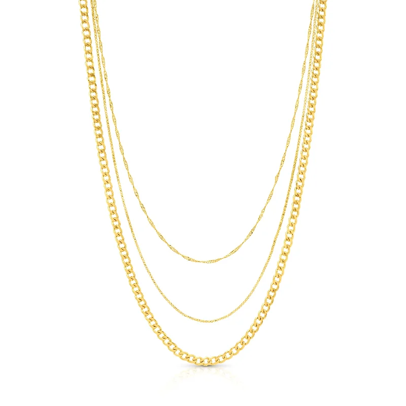 women’s layered chain necklaces-MIXED MEDLEY 3 LAYER NECKLACE, GOLD