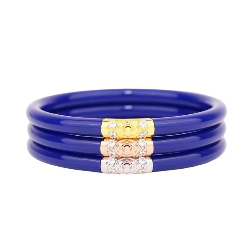 women’s silver bangle sets-BuDhaGirl | Set of Three | Three Kings All Weather Bangles in Lapis