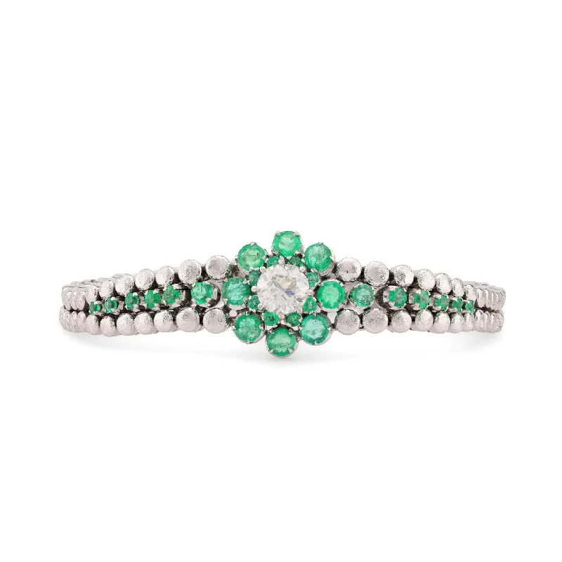 women’s exclusive bangles-Mid Century Diamond Emerald 18K White Gold Floral Bracelet