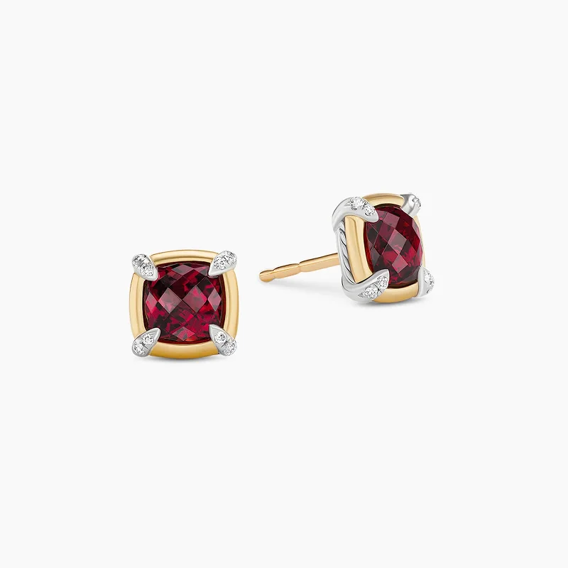 women’s gold drop earrings-Petite Chatelaine Stud Earrings in Garnet with Diamonds Accents