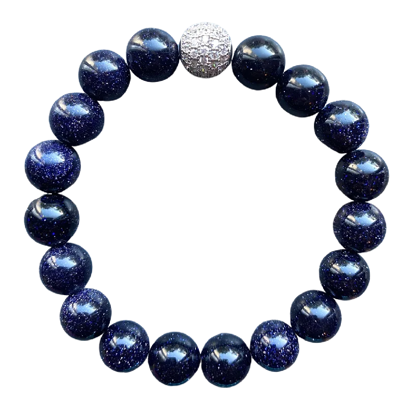 women’s gold plated bracelets-Silver Pave Blue Sandstone 10mm