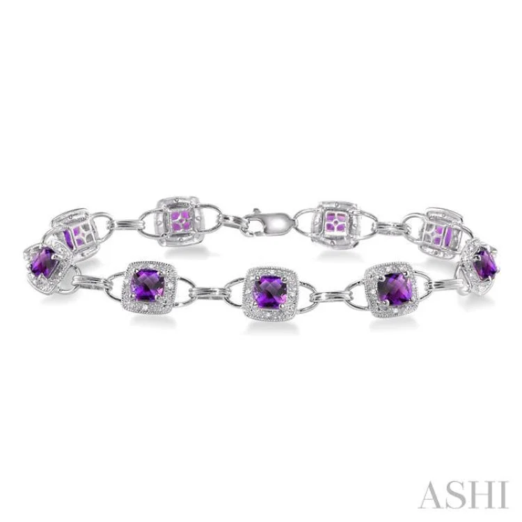 women’s unique bangles-5x5MM Cushion Cut Amethyst and 1/6 Ctw Single Cut Diamond Bracelet in 10K White Gold