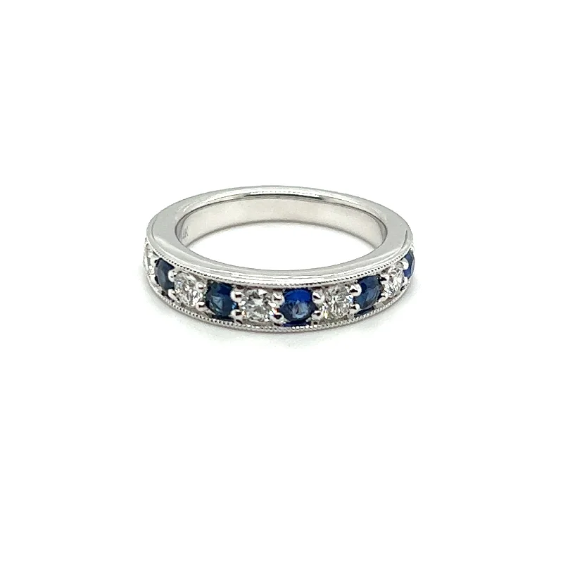 women’s retro engagement rings-14K White Gold 1.16ctw Blue Sapphire & Diamond Alternating Wedding Band