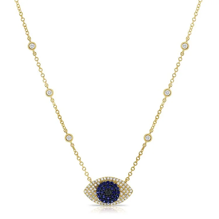 women’s gemstone pendant necklaces-14K Yellow Diamond Sapphire Evil Eye Necklace