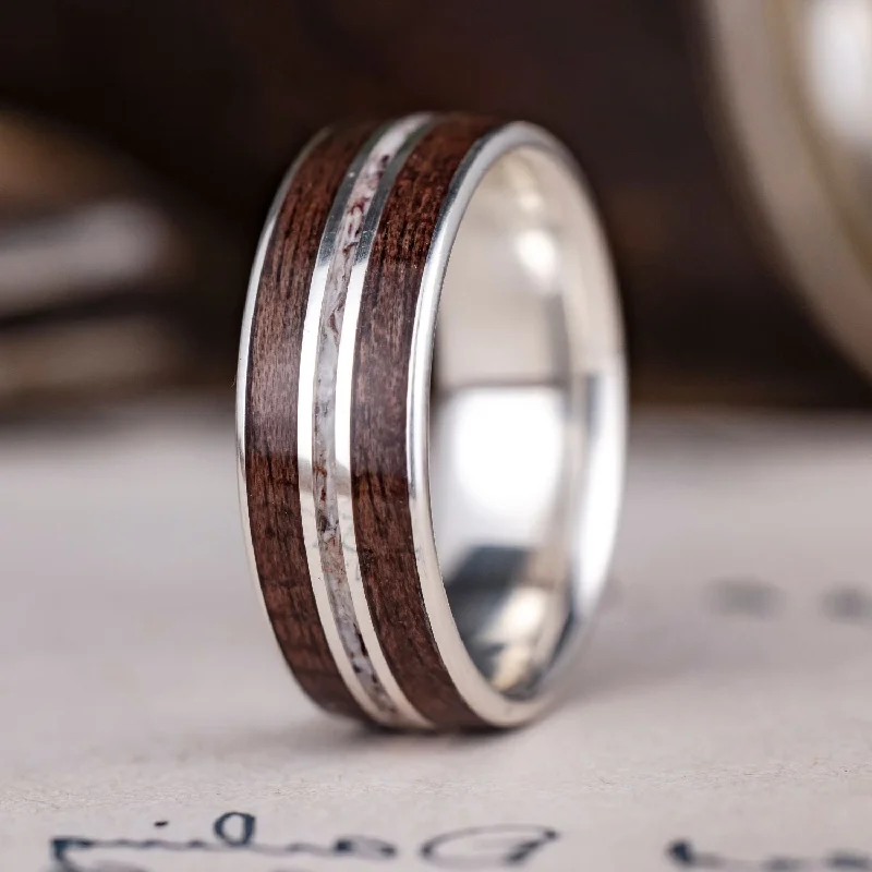 women’s bridal sets engagement rings-(In-Stock) The Stag in Silver | Men's Silver Elk Antler Wedding Band with Walnut Wood - Size 8.25 | 8mm Wide