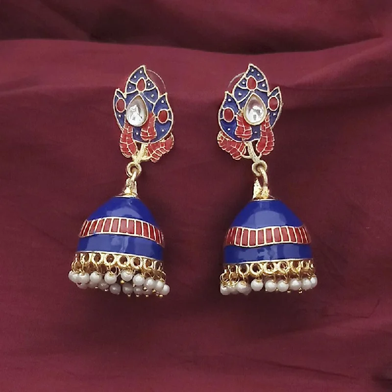 women’s crystal drop earrings-Kriaa Gold Plated Blue Meenakari And Kundan Jhumki Earrings - 1316366B