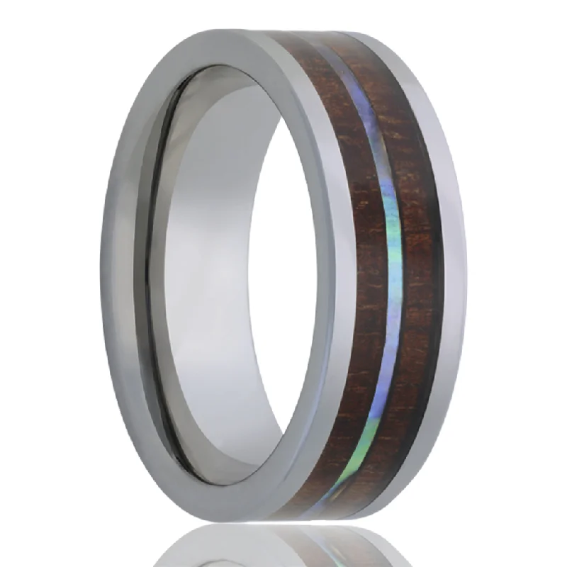 women’s anniversary engagement rings-Tungsten 8mm Pipe Cut Men's Wedding Band with Koa Wood & Abalone Inlays