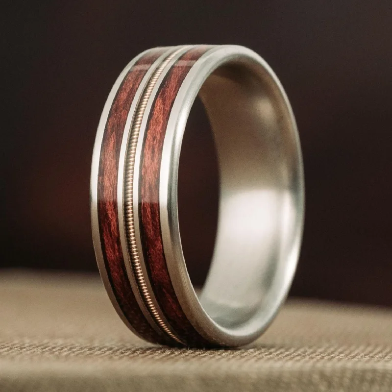 women’s sapphire engagement rings-The Lucy | Men's Titanium Guitar String Wedding Band with Bloodwood