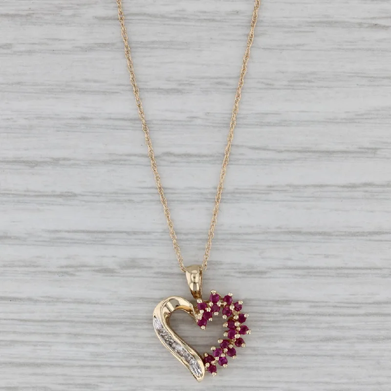 women’s dainty necklaces-0.34ctw Ruby Diamond Open Heart Pendant Necklace 10k Yellow Gold 18" Rope Chain