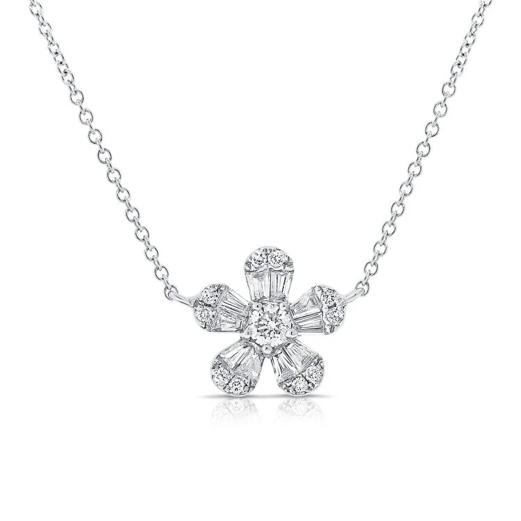 women’s sterling silver choker necklaces-14K White Gold Baguette Diamond Flower Necklace