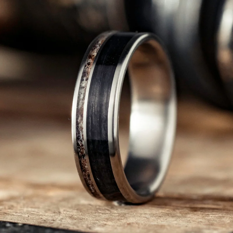 women’s diamond engagement rings-(In-Stock) The Gent's Weekend | Men's Titanium Wedding Band with Weathered Whiskey Barrel and Naturally Shed Elk Antler - Size 12 | 7mm Wide