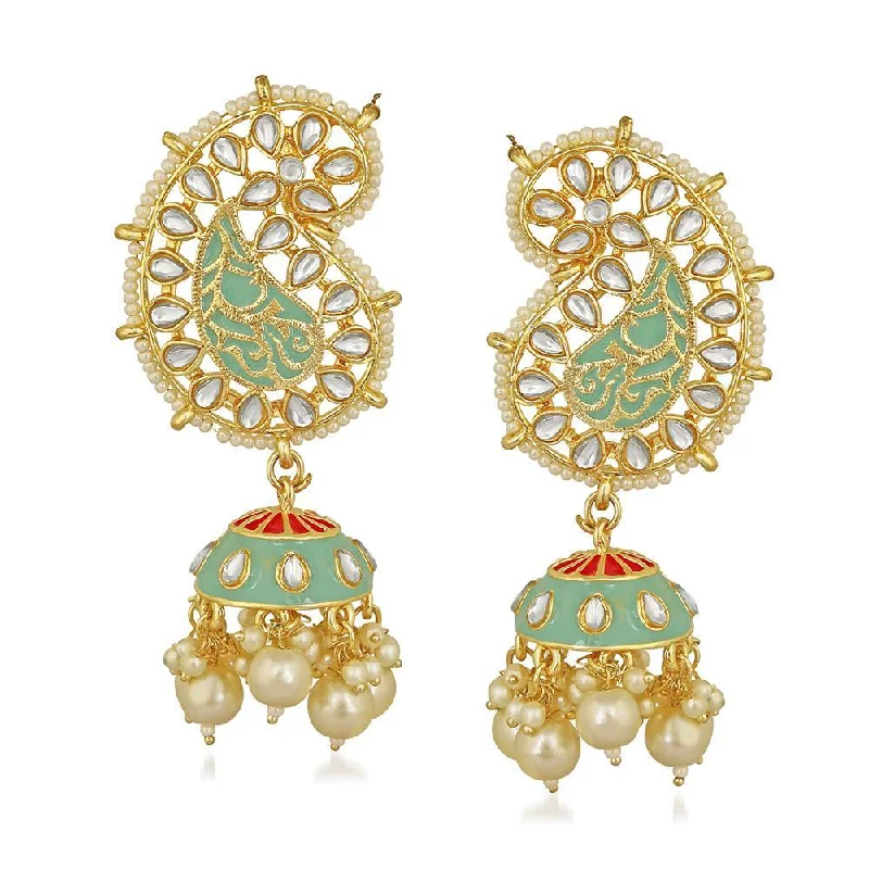 women’s crystal earrings-Mahi Rosegold Plated Ethnic Meenakari work Peacock Jhumki Dangler Earrings with Kundan for Women (VECJ100242)